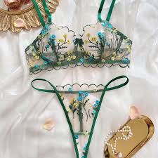 Emboss Flower Transparent Bra Panty Set Women's Sexy Lingerie Bandage Corset Top with Matching Panties